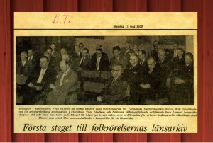 Första steget till folkrörelsernas länsarkiv. Tidningsurklipp från Borlänge tidning den 11 maj 1959.