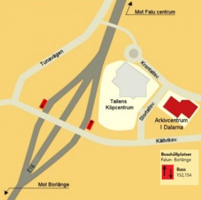 Karta som visar var Arkivcentrum finns i relation till E16 och Tallens Köpcentrum.